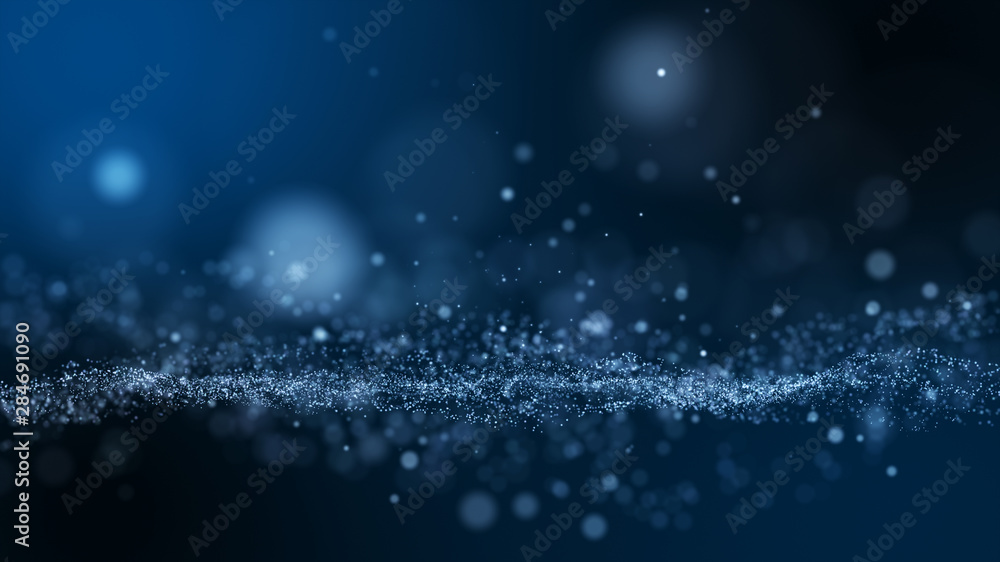 Dark blue and glow dust particle abstract background.