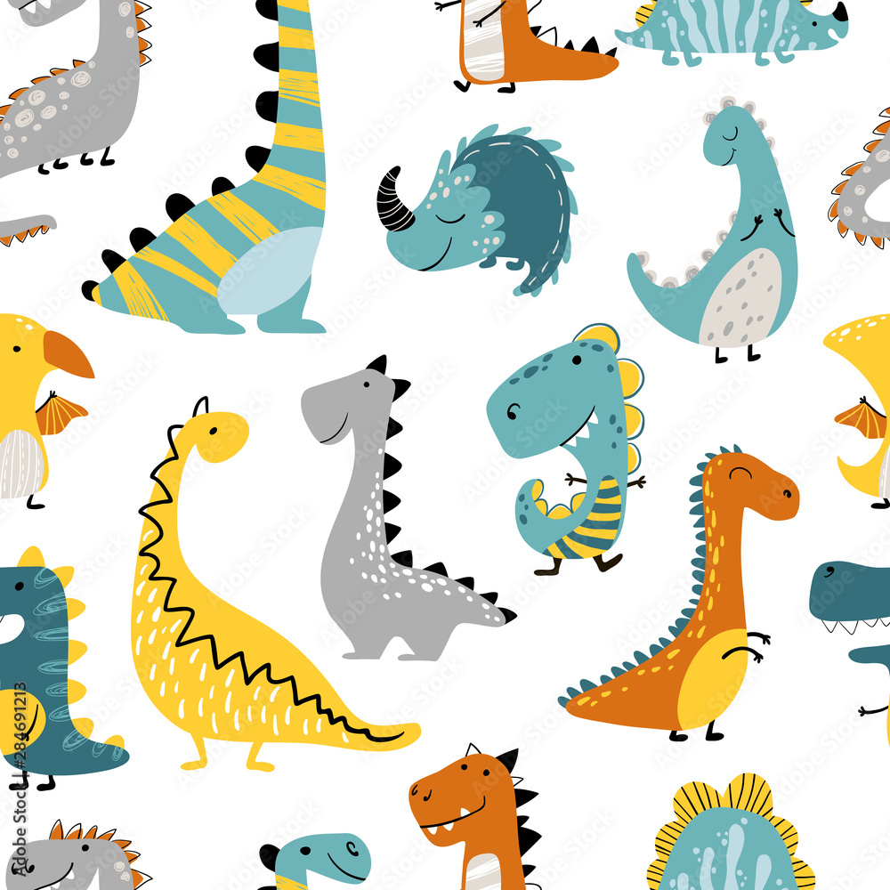 Plakat Dinozaury Wektor wzór na białym tle. Ilustracja dla dzieci w stylu śmieszne kreskówki. Skandynawskie ręcznie rysowane tło jest idealne na odzież dziecięcą, tekstylia, tapety itp