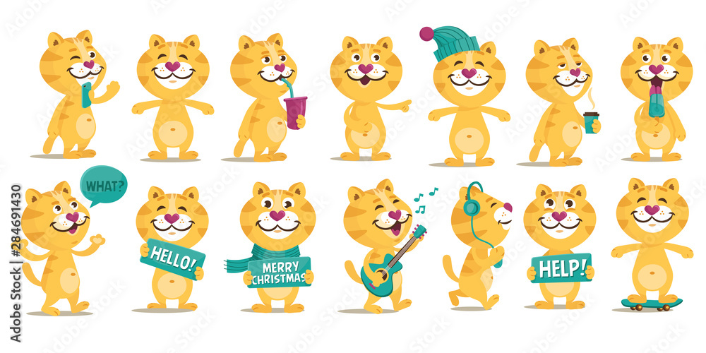 Collection of cute cartoon cat. Kitty Everyday Activities Set Collection of cute cartoon cat. Kitty Everyday Activities Set