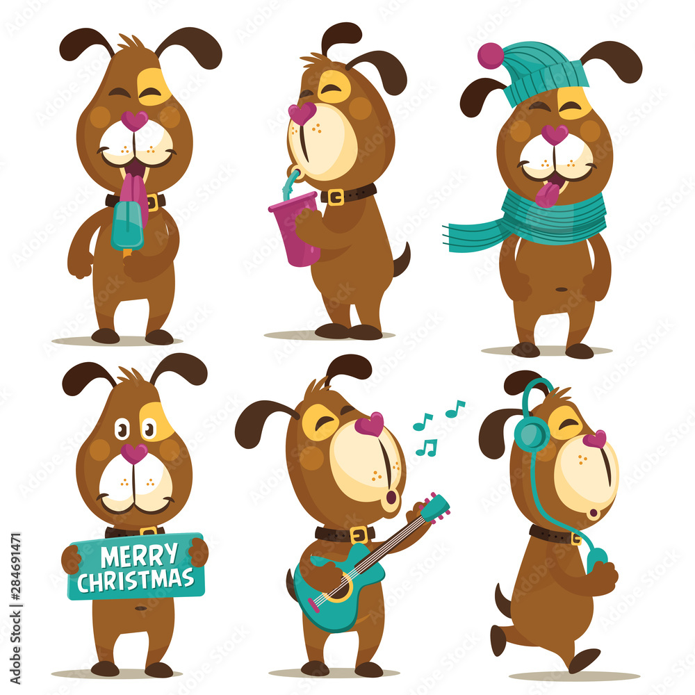 Collection of cute cartoon dogs. Puppy Everyday Activities Set. Dog taking a selfie social network communication Collection of cute cartoon dogs. Puppy Everyday Activities Set. Dog taking a selfie social network communication