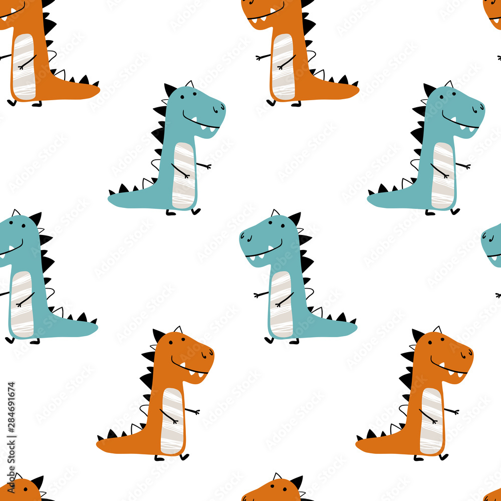 Plakat Dinozaury Wektor bez szwu minimalistyczny wzór na białym tle. Ilustracja dla dzieci w stylu śmieszne kreskówki. Ręcznie rysowane tło skandynawskie jest idealne na odzież dziecięcą, tekstylia