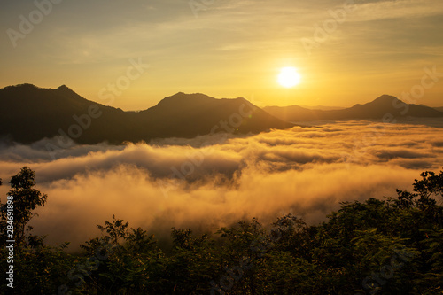Loei Thailand beautiful sunrise foggy scene and mountain view.