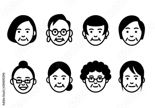 Set of senior women faces on white background. Vector illustration.