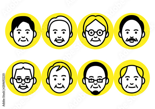 Set of senior men faces in round frame on white background. Vector illustration.