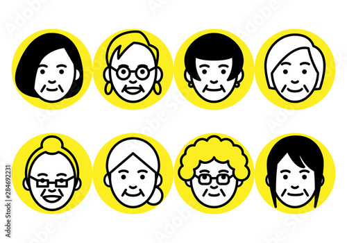 Set of senior women faces in round frame on white background. Vector illustration.