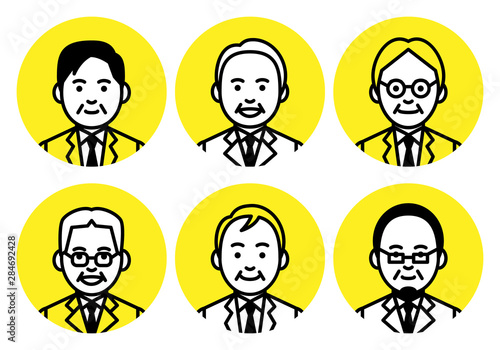 Set of senior men upper body in round frame on white background. Vector illustration.