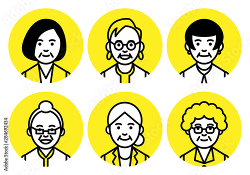 Set of senior women upper body in round frame on white background. Vector illustration.