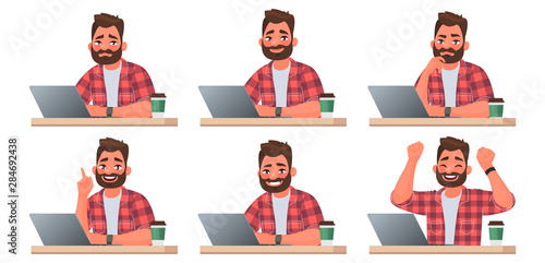 Stages of doing work on a laptop. A bearded man works at a computer. The working process