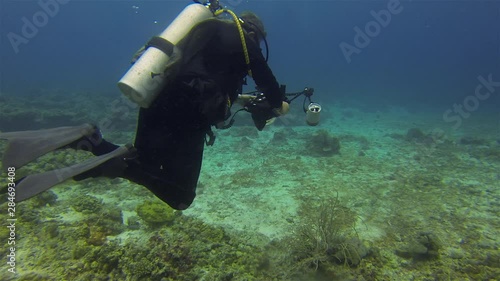 Wallpaper Mural Underwater Photographer Swimming With Underwater Camera Housing & Lights In Gentle Blue Sea Water On Coral Reef. Underwater Photography Camera Man Or Scuba Diver Swimming With Underwater Camera Torontodigital.ca