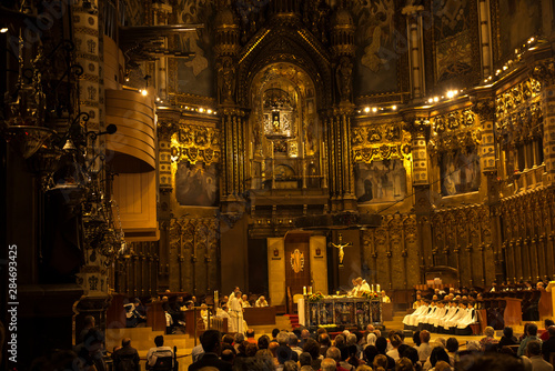 Montserrat, Spain, June 23, 2019: Interior of the Basilica of Montserrat in Spain with the statue of the Black Madonna