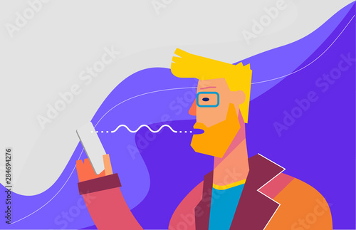 Concept banner with man using voice assistant mobile app. At home and work, everywhere