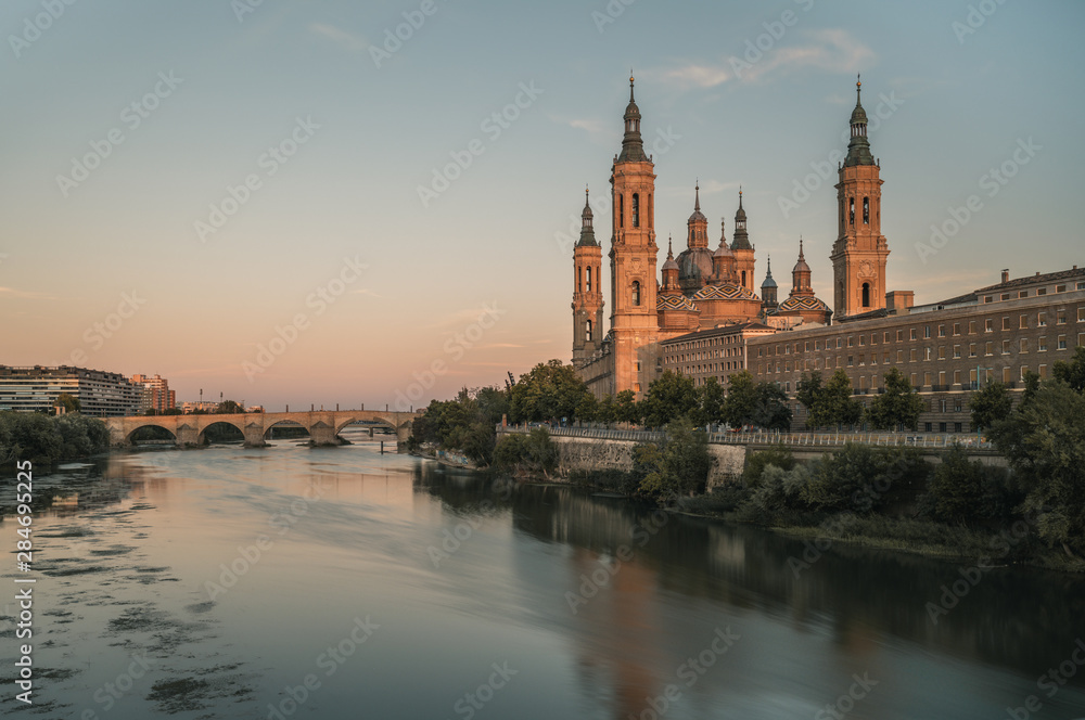 View of Basilica Pilar and Ebro river  in Zaragoza , Spain.