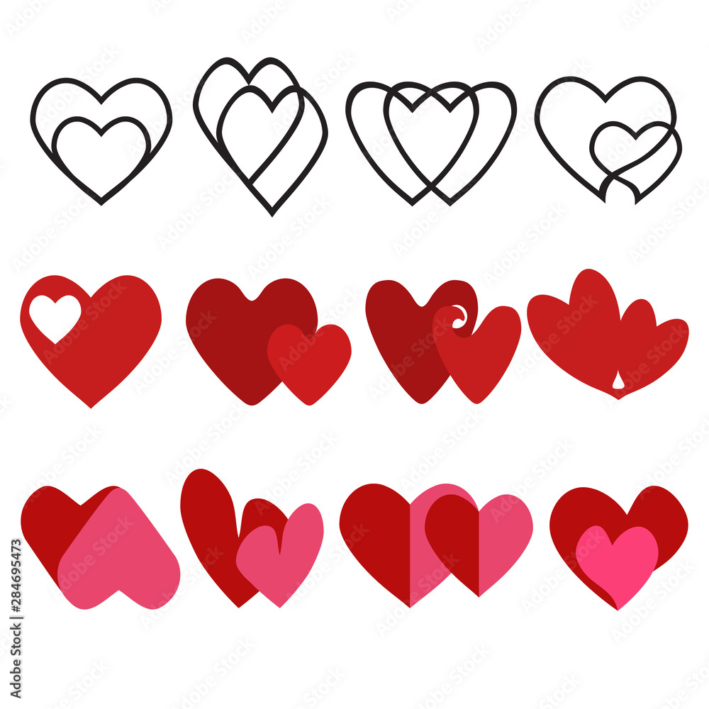 Two love heart icon. Loving hearts, red like and lovely romance outline symbols. Valentine lovely passion hearted emotional drawn or valentines day loving postcards vector isolated icons set