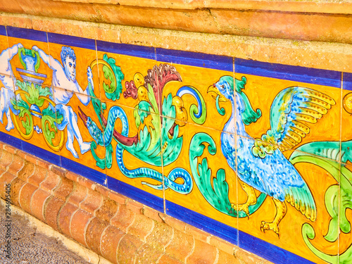 Detail of The tiled fountain of the Plaza de Espana square also know as Plaza de los Pescaitos. Cadiz province, Andalusia, Spain. photo