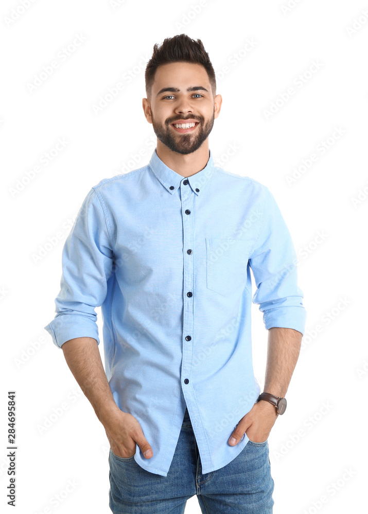 Fototapeta premium Portrait of handsome smiling man isolated on white