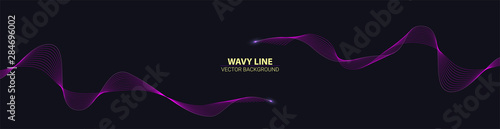 Blended twisted lines with glow on end. Long banner with dynamic flowing waves on dark background. Abstract wavy pattern, optical flow and place for text. Optical art, vector design elements