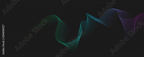 Blended twisted lines. Dynamic gradient, flowing waves isolated on dark background. Abstract wavy spun pattern, optical flow. Optical art, vector design elements.