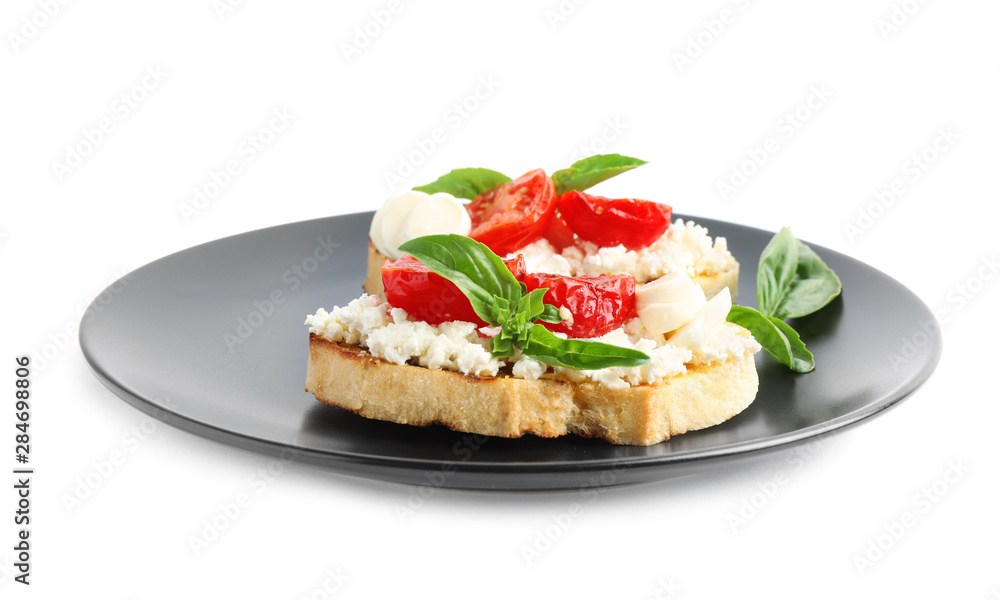 Tasty fresh tomato bruschettas on white background Tasty fresh tomato bruschettas on white background