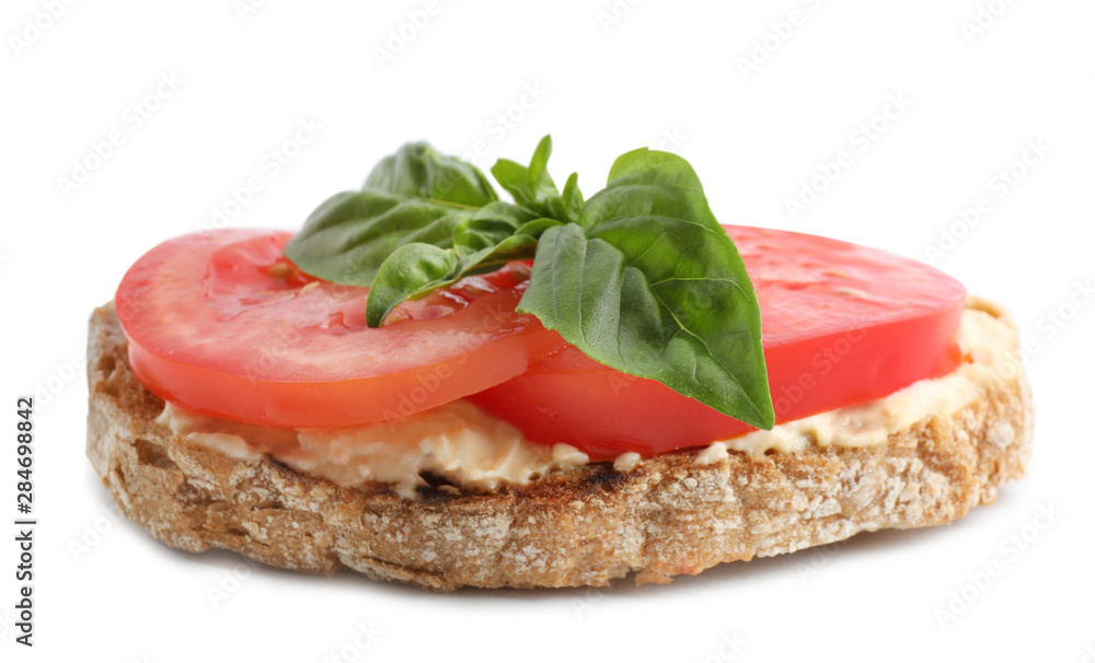 Tasty fresh tomato bruschetta on white background Tasty fresh tomato bruschetta on white background
