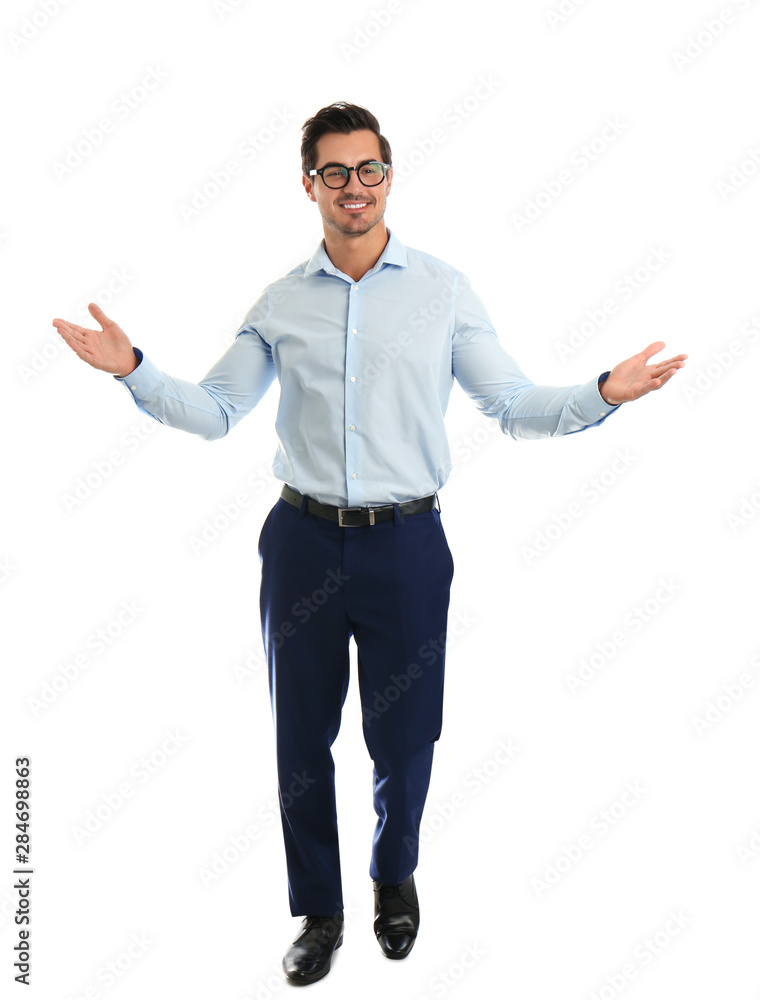 Young male teacher with glasses on white background Young male teacher with glasses on white background