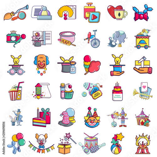 Circus zone icons set. Cartoon set of 36 circus zone vector icons for web isolated on white background