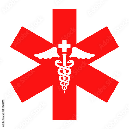 red medicine sign. snake and scepter. flat