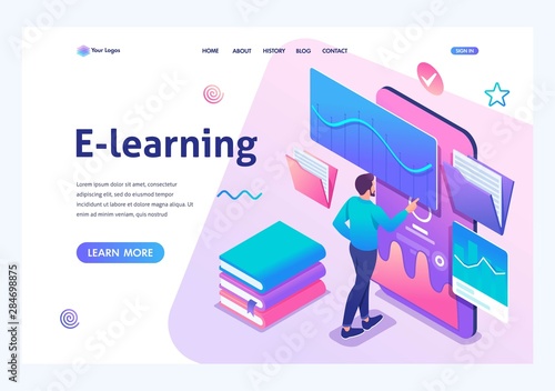Isometric concept Man watching a lesson on the website, online training, e-learning. Mobile Application for training. Landing page template for the site