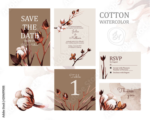 Set of cards and envelope with vector of cotton flowers and branches as frame and decoration for wedding invitation design or background template. Rustic, woody, brownish and watercolour concept