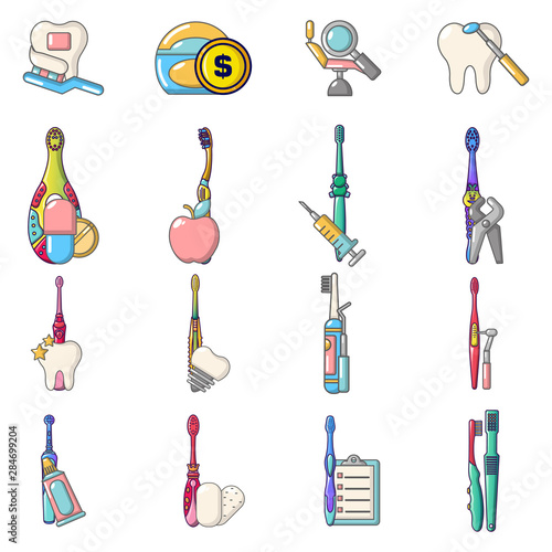 Dental care icons set. Cartoon set of 16 dental care vector icons for web isolated on white background