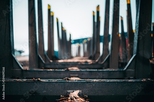 trailer for the cargo transportation of wood is in port. Blur. background photo