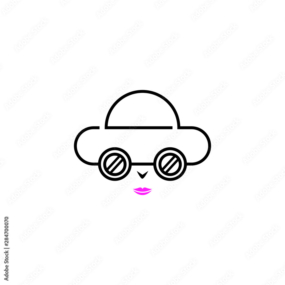 icon of car line art style with women face inside with hat. logo icon illustration