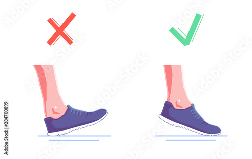 right and wrong foot position when running. Natural running. Healthy steps of run concept. Vector flat isolated illustration.