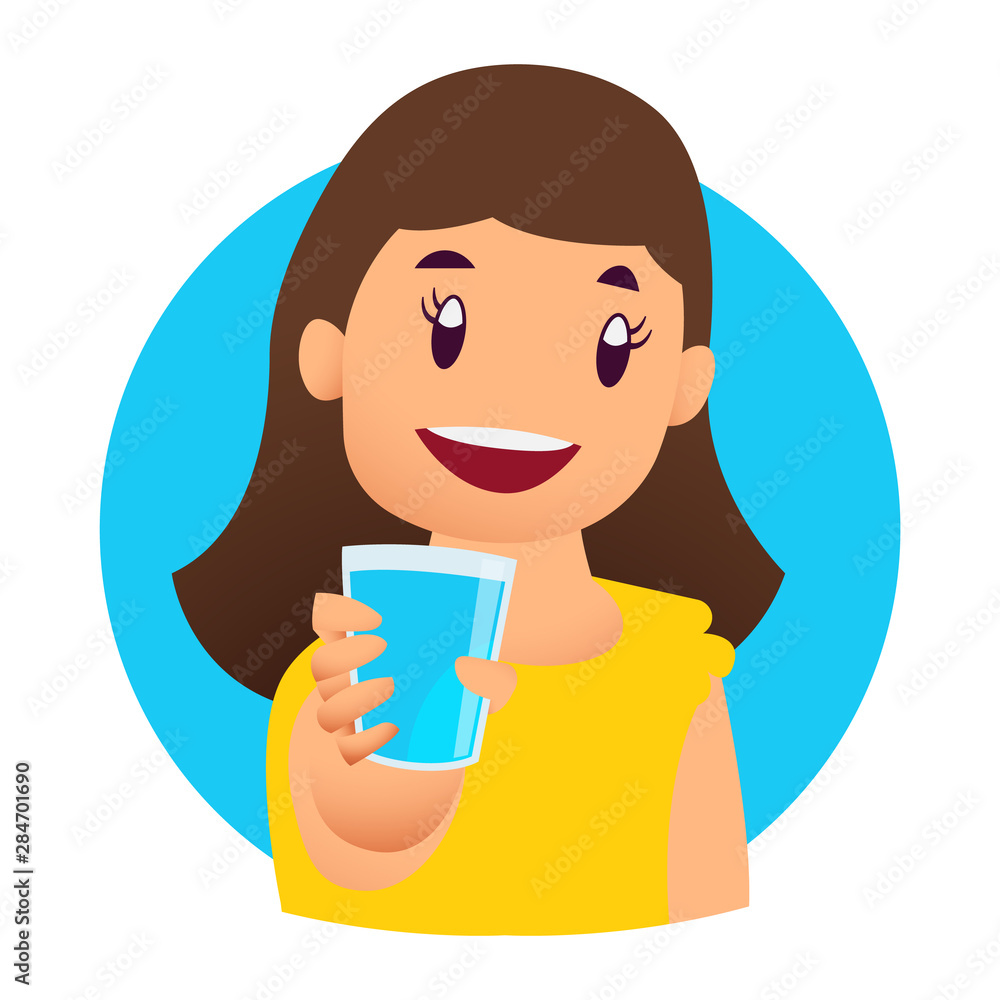 Smiling girl kids enjoying drinking water holding glasses. Happy, kids  drinking water hydrating. Children cartoon characters. Flat style vector  illustration Stock Vector | Adobe Stock