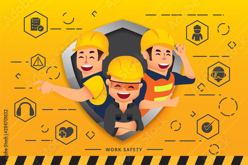 Construction workers and engineers team working together and network of concepts : Work Safety