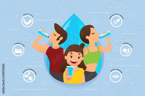 Concept of The Benefits of Drinking Water. Drinking water from a bottle.