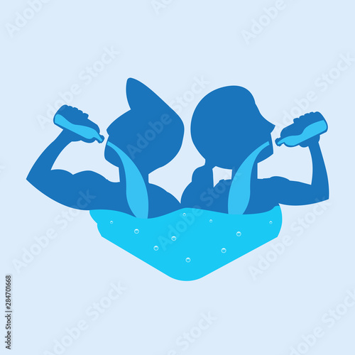 healthy lifestyle concept: Silhouette of body man and woman drinking water from bottle.