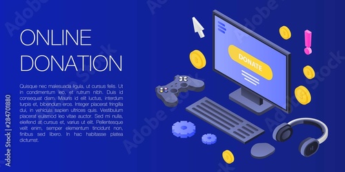 Online donation concept banner. Isometric illustration of online donation vector concept banner for web design