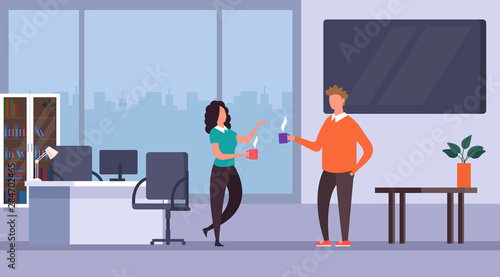 Business people office workers characters talking. Coffee break concept. Vector flat cartoon graphic design isolated illustration