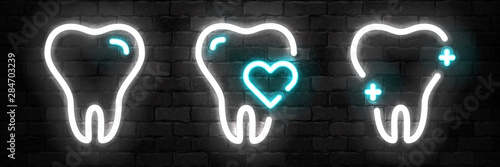 Vector set of realistic isolated neon sign of Tooth logo for template decoration and mockup covering on the wall background. Concept of dentist clinic and healthcare.