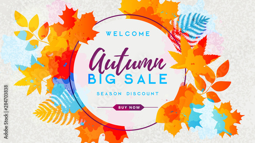 Autumn big sale watercolor poster with autumn leaves. Autumn background
