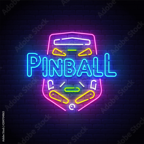 Valokuvatapetti Pinball neon sign, bright signboard, light banner