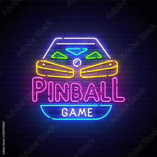 Pinball neon sign, bright signboard, light banner. Pinball logo neon, emblem. Vector illustration