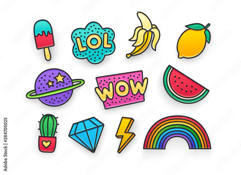 Enamel pin, clothing patch, pin, patches, badges and stickers set. 80s-90s style. Vector illustration - obrazy, fototapety, plakaty 