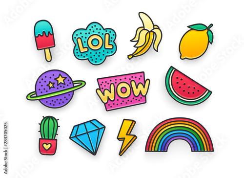 Enamel pin, clothing patch, pin, patches, badges and stickers set. 80s-90s style. Vector illustration