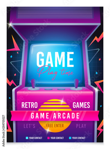 Retro gaming, Game of 80s-90s. Arcade machine. Retro arcade game machine. Play time poster, flyer template. Vector illustration