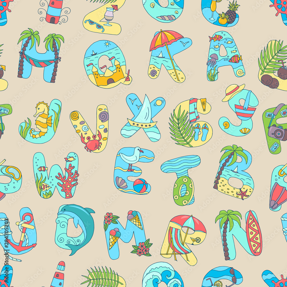 Seamless pattern with letters, vacation at sea