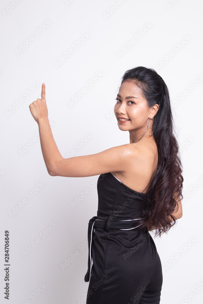 Back of Asian woman touching the screen with her finger. Back of Asian woman touching the screen with her finger.