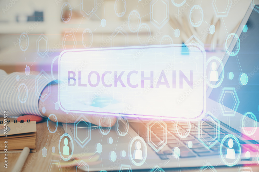 Blockchain theme hud with businessman working on computer on background. Concept of crypto chain. Double exposure. Blockchain theme hud with businessman working on computer on background. Concept of crypto chain. Double exposure.