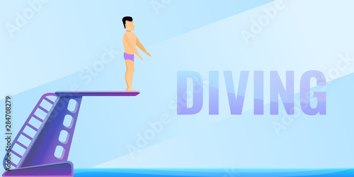 Man diving board concept banner. Cartoon illustration of man diving board vector concept banner for web design