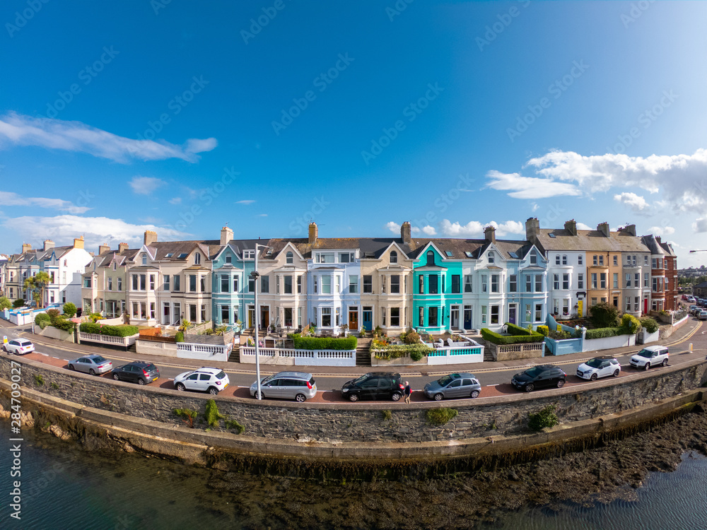 Colorfulhouses green blue yellow and red in row in Bangor Northern Ireland Aerial view 